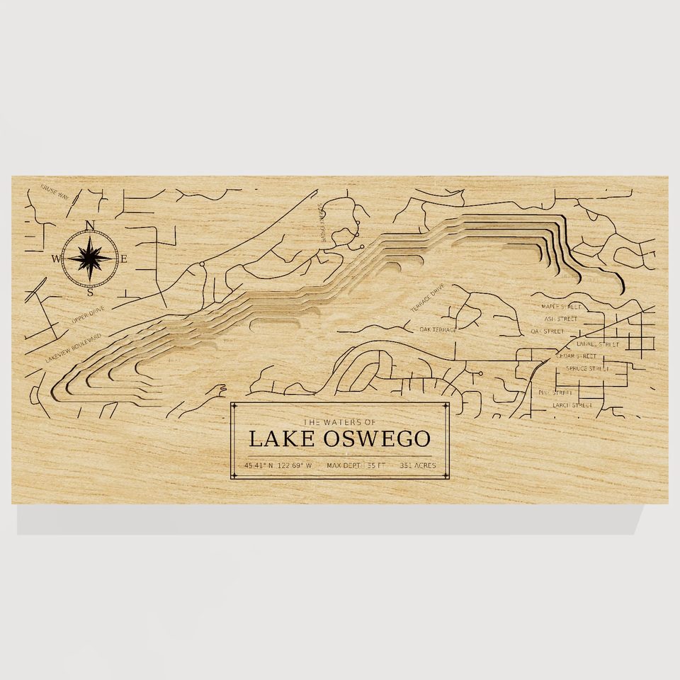 Lake Oswego 3D wood map, front view