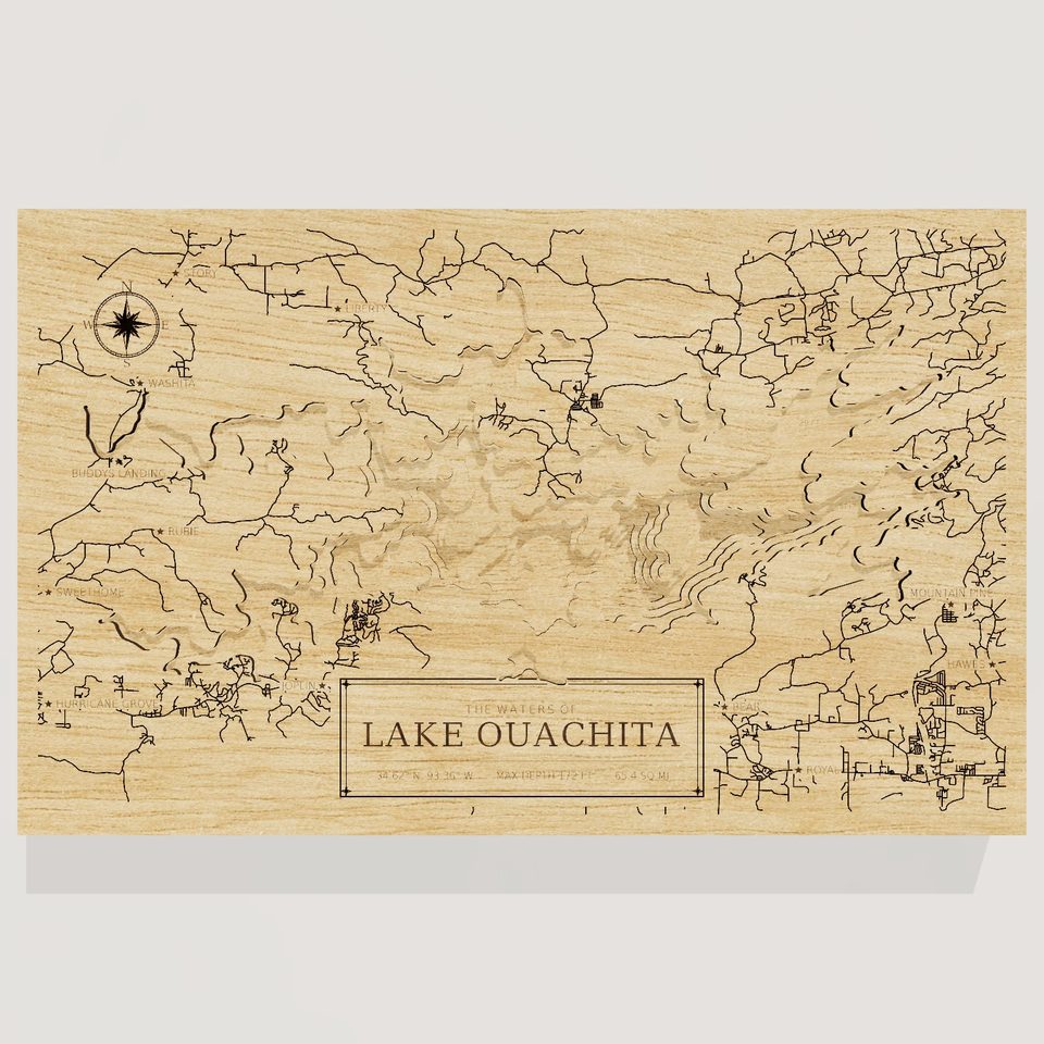 Lake Ouachita 3D wood map, front view