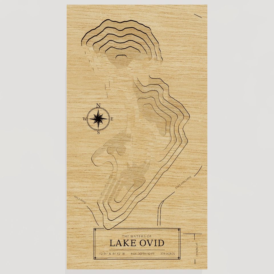 Lake Ovid 3D wood map, front view
