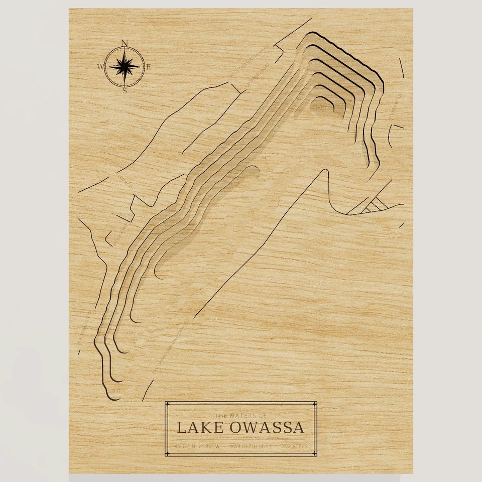 Lake Owassa 3D wood map, front view