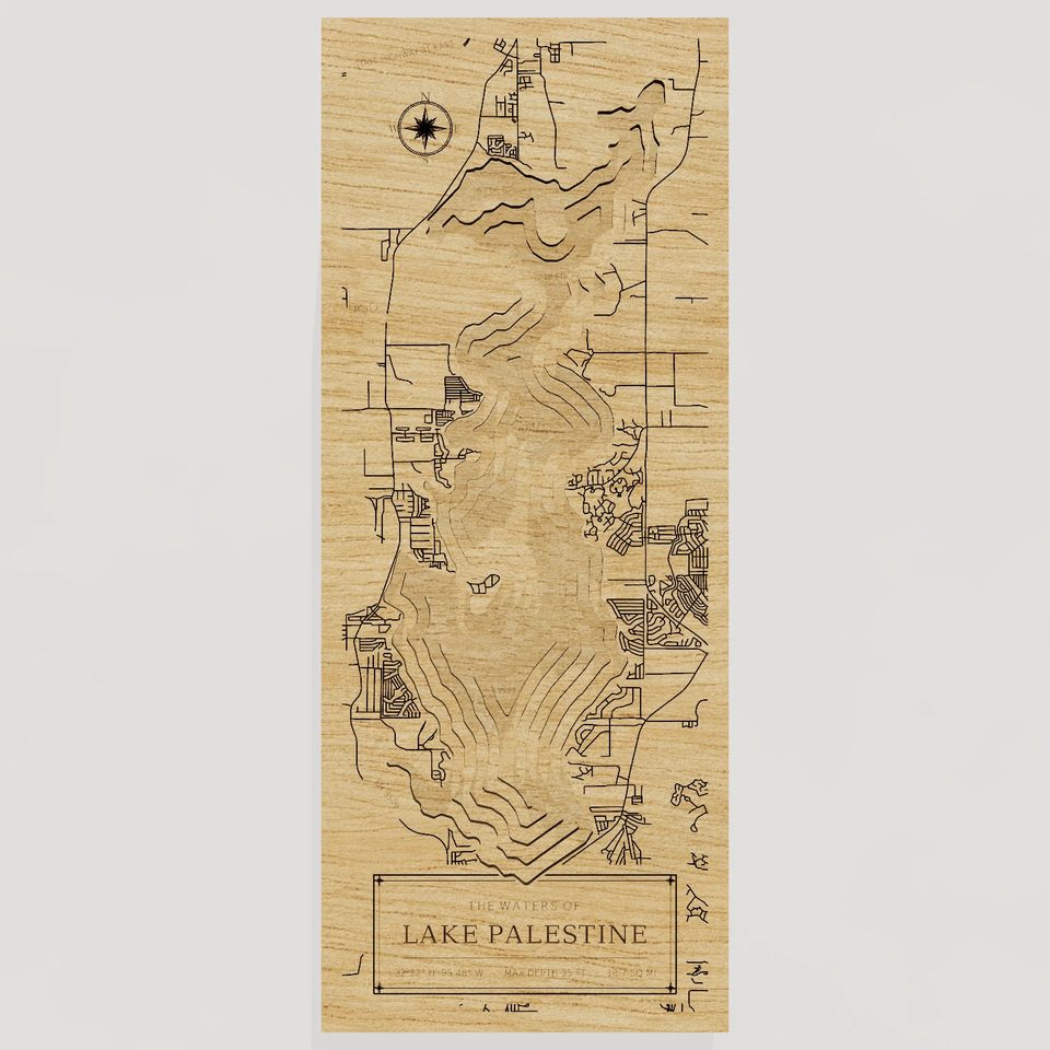 Lake Palestine 3D wood map, front view
