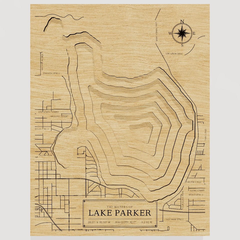 Lake Parker 3D wood map, front view