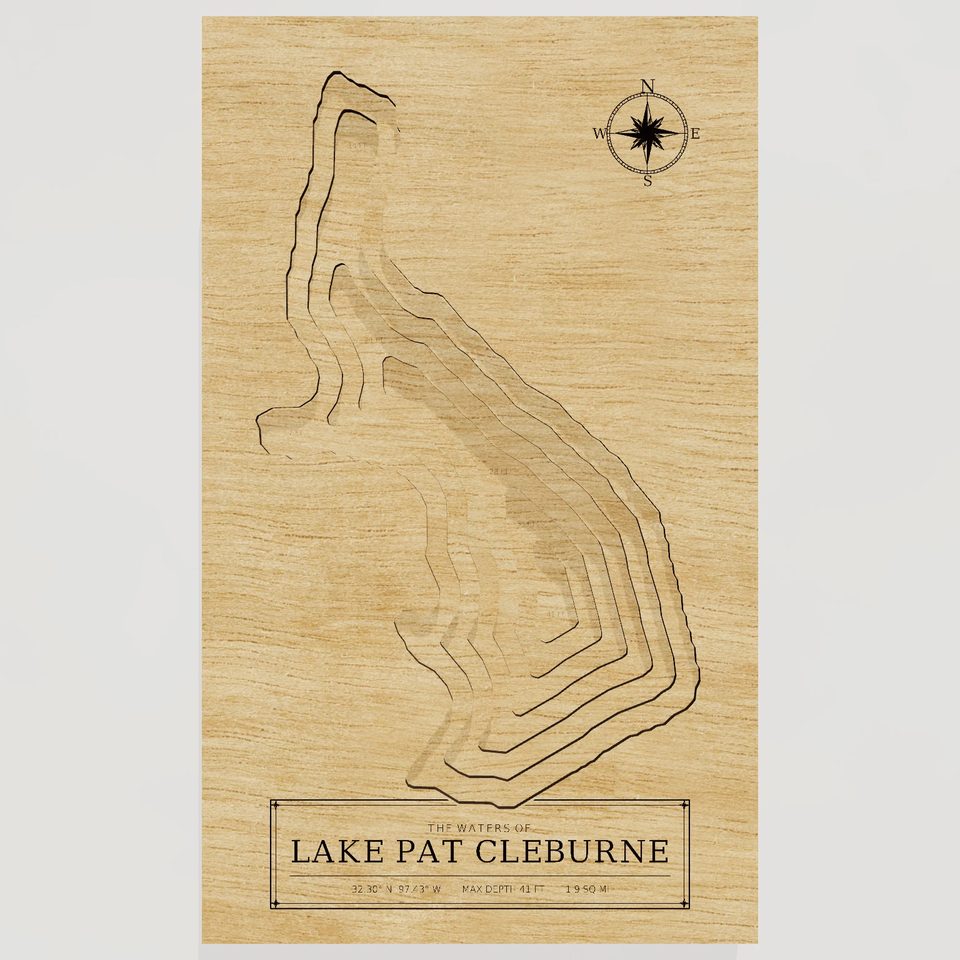 Lake Pat Cleburne 3D wood map, front view