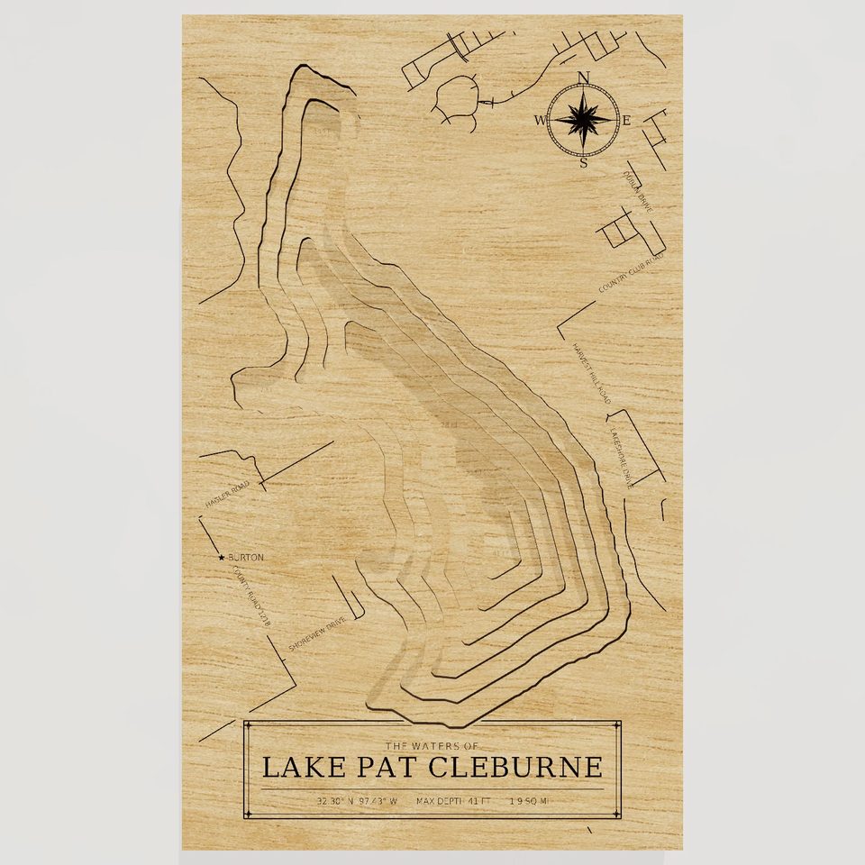 Lake Pat Cleburne 3D wood map, front view