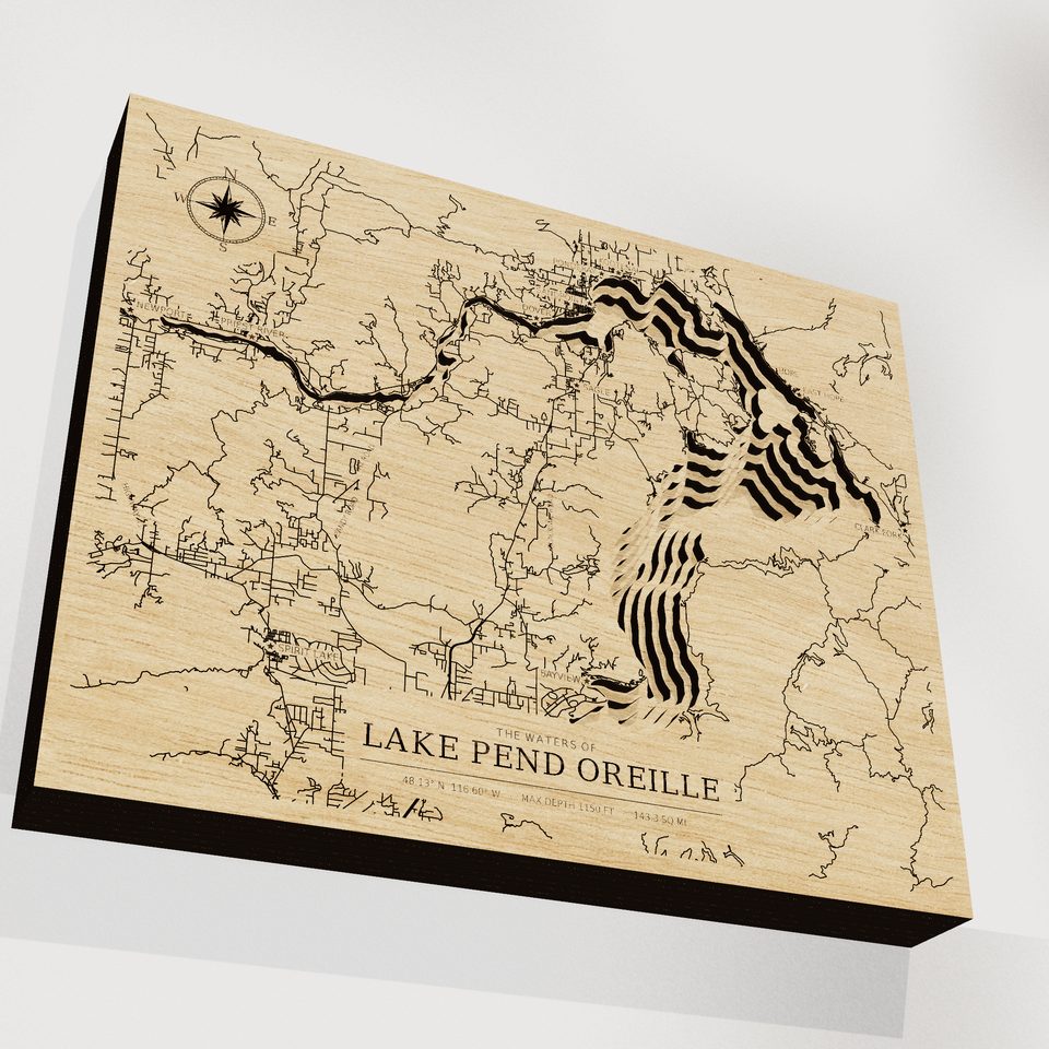 Lake Pend Oreille 3D wood map, angle low view