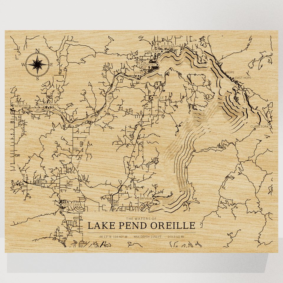 Lake Pend Oreille 3D wood map, front view