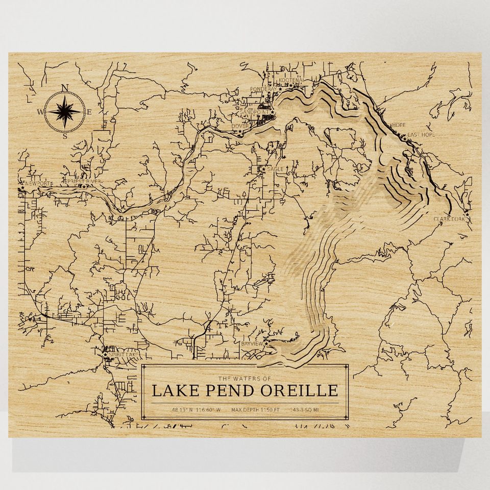 Lake Pend Oreille 3D wood map, front view