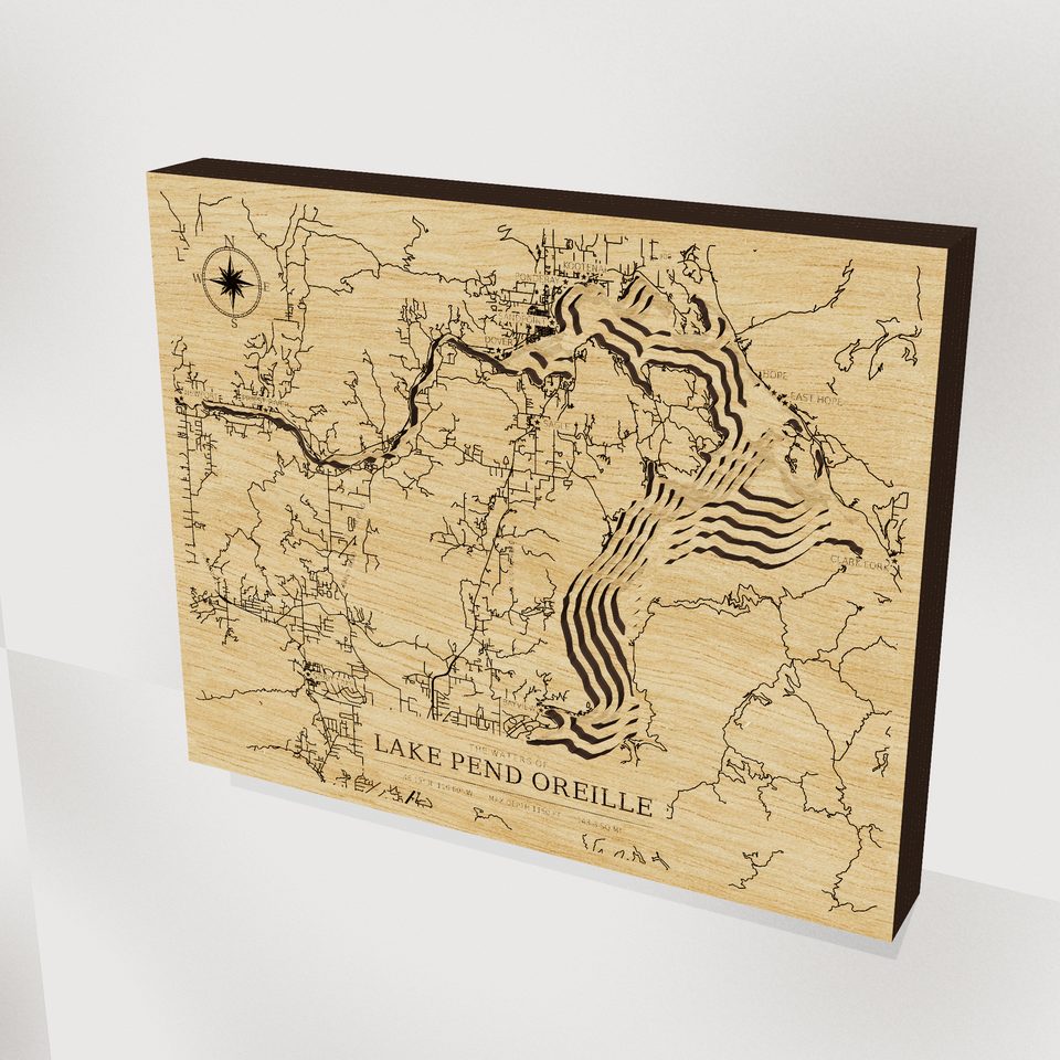 Lake Pend Oreille 3D wood map, hero view