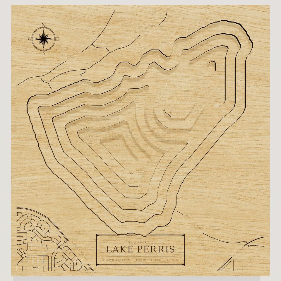 Lake Perris 3D wood map, front view