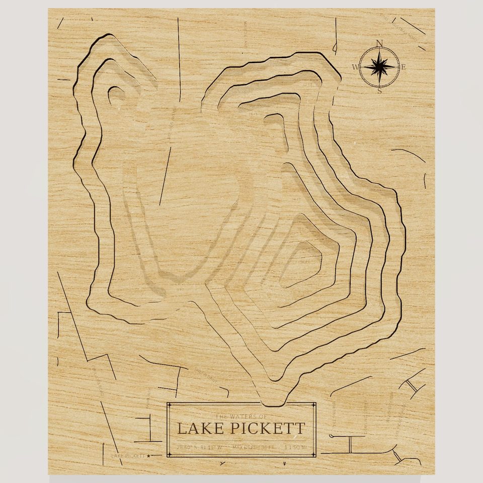 Lake Pickett 3D wood map, front view