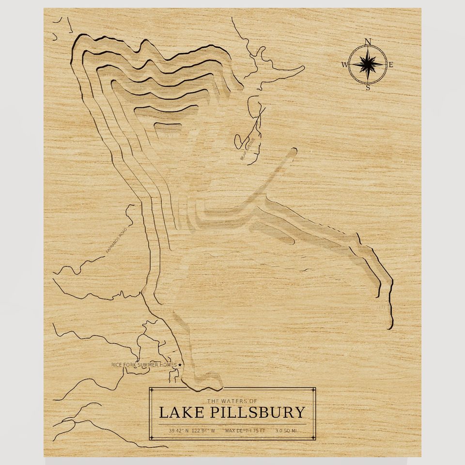 Lake Pillsbury 3D wood map, front view