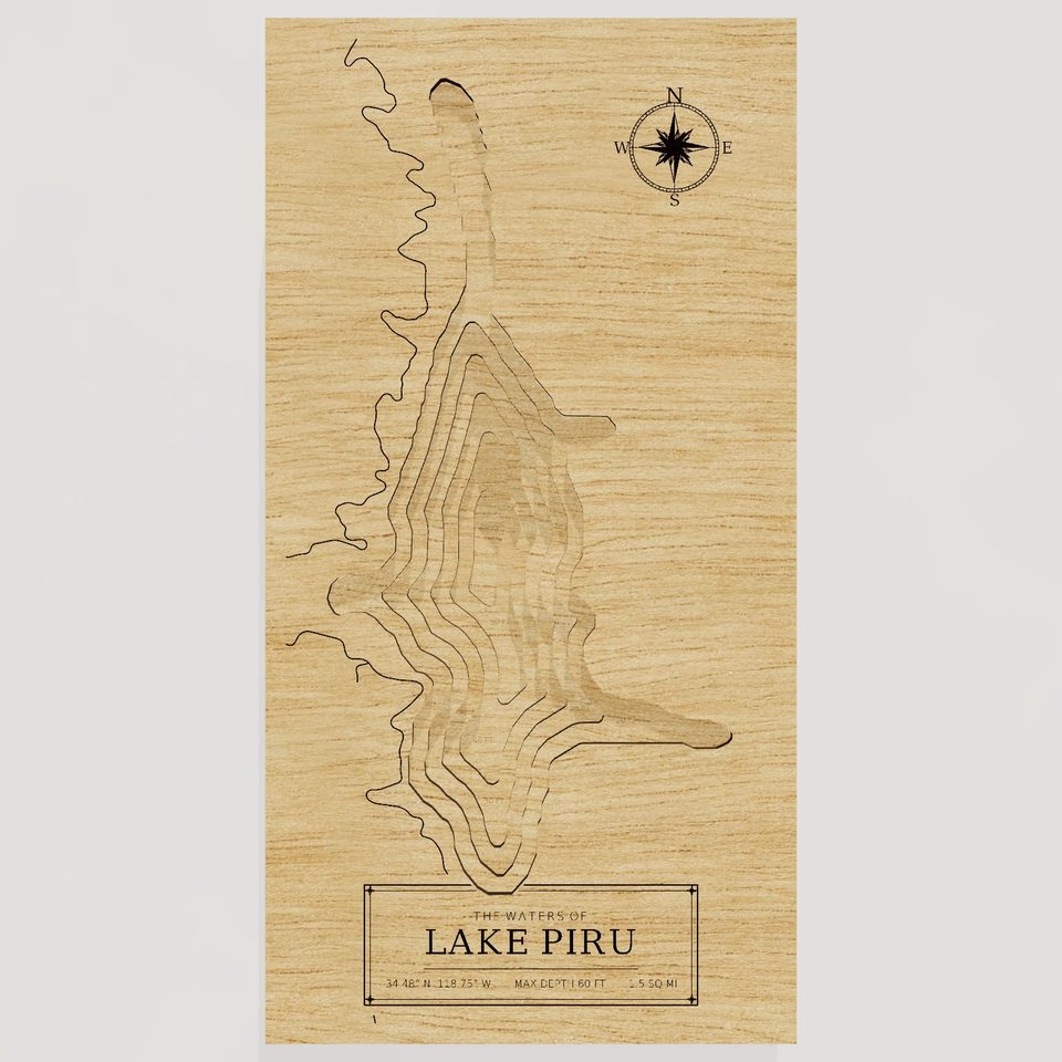 Lake Piru 3D wood map, front view
