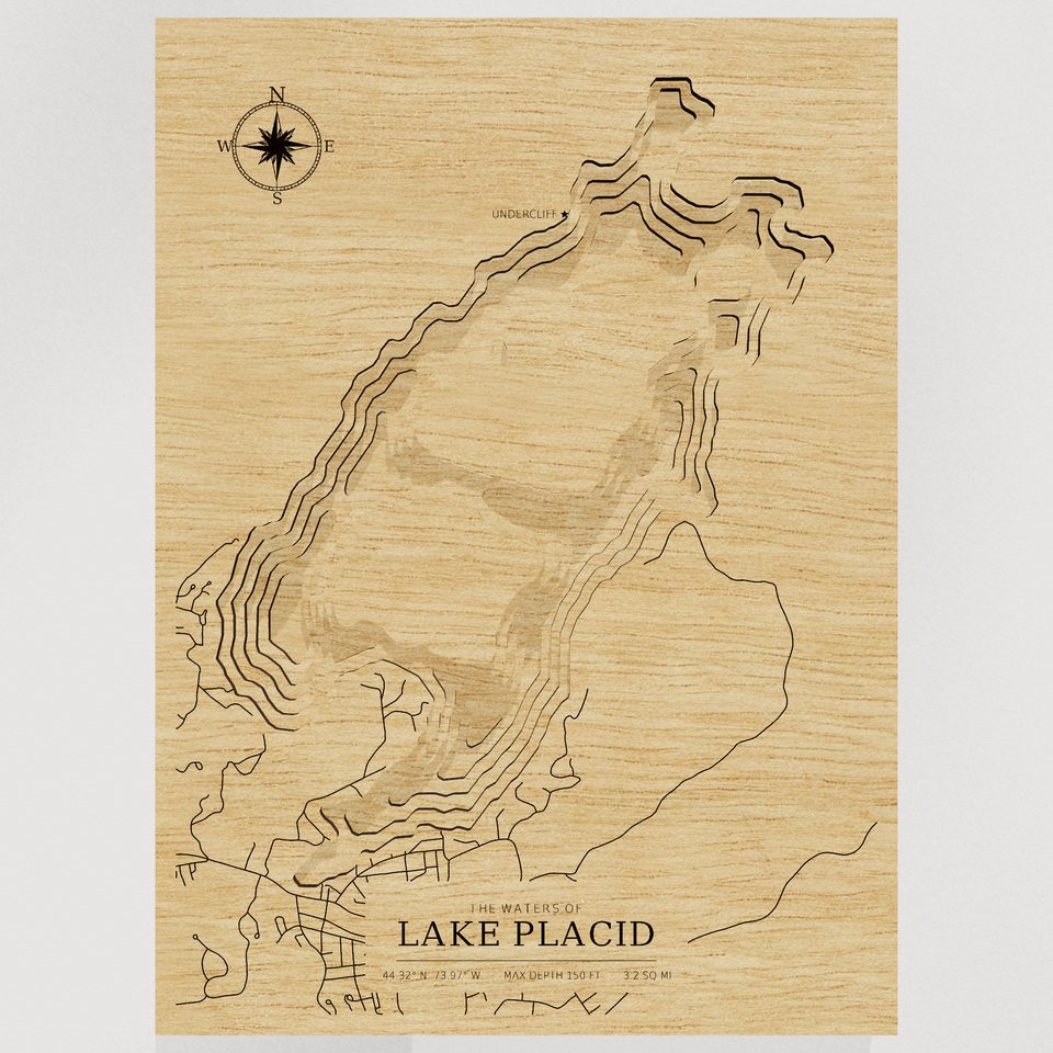 Lake Placid 3D wood map, front view