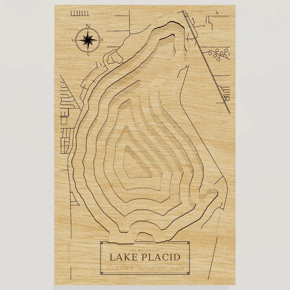 Lake Placid 3D wood map, front view