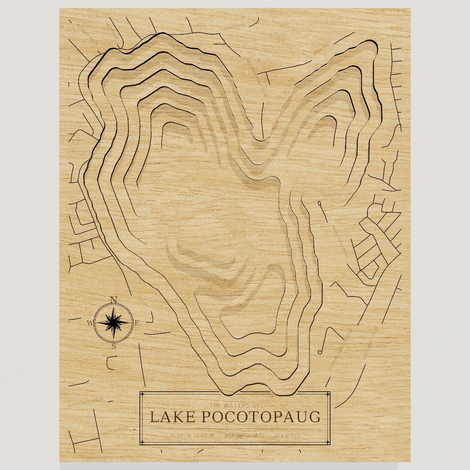 Lake Pocotopaug 3D wood map, front view