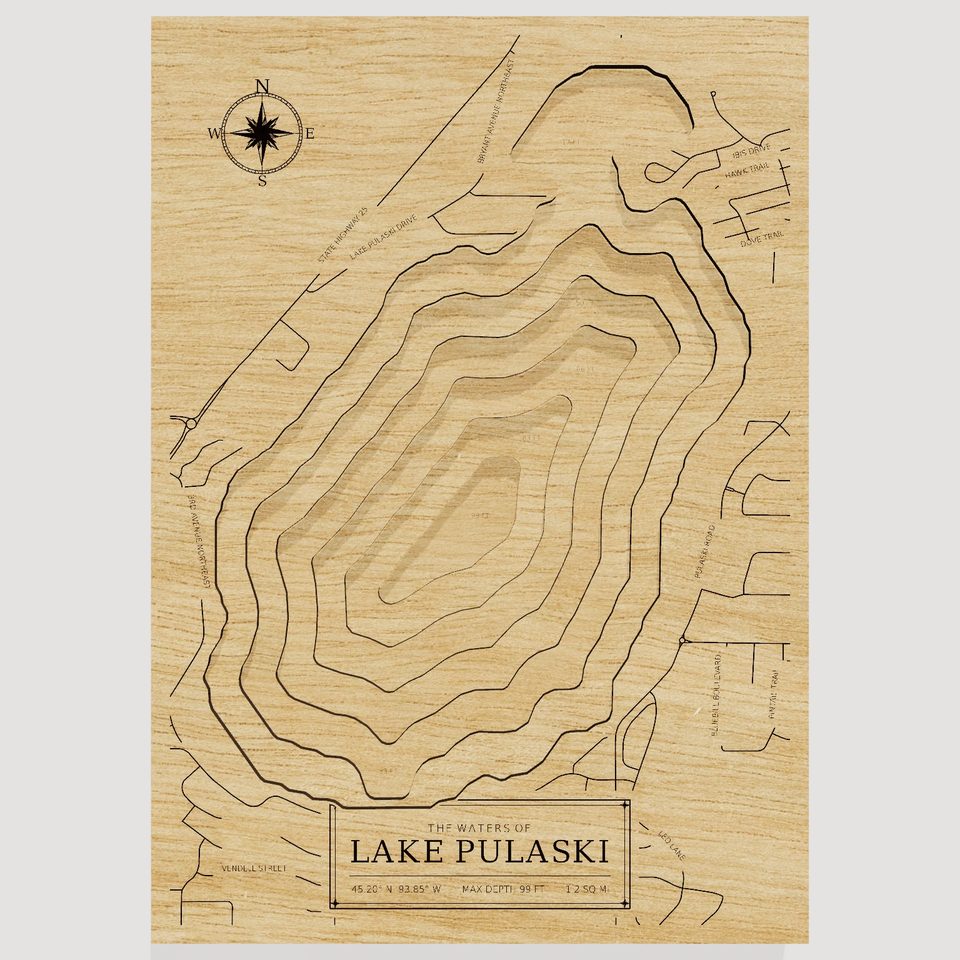Lake Pulaski 3D wood map, front view