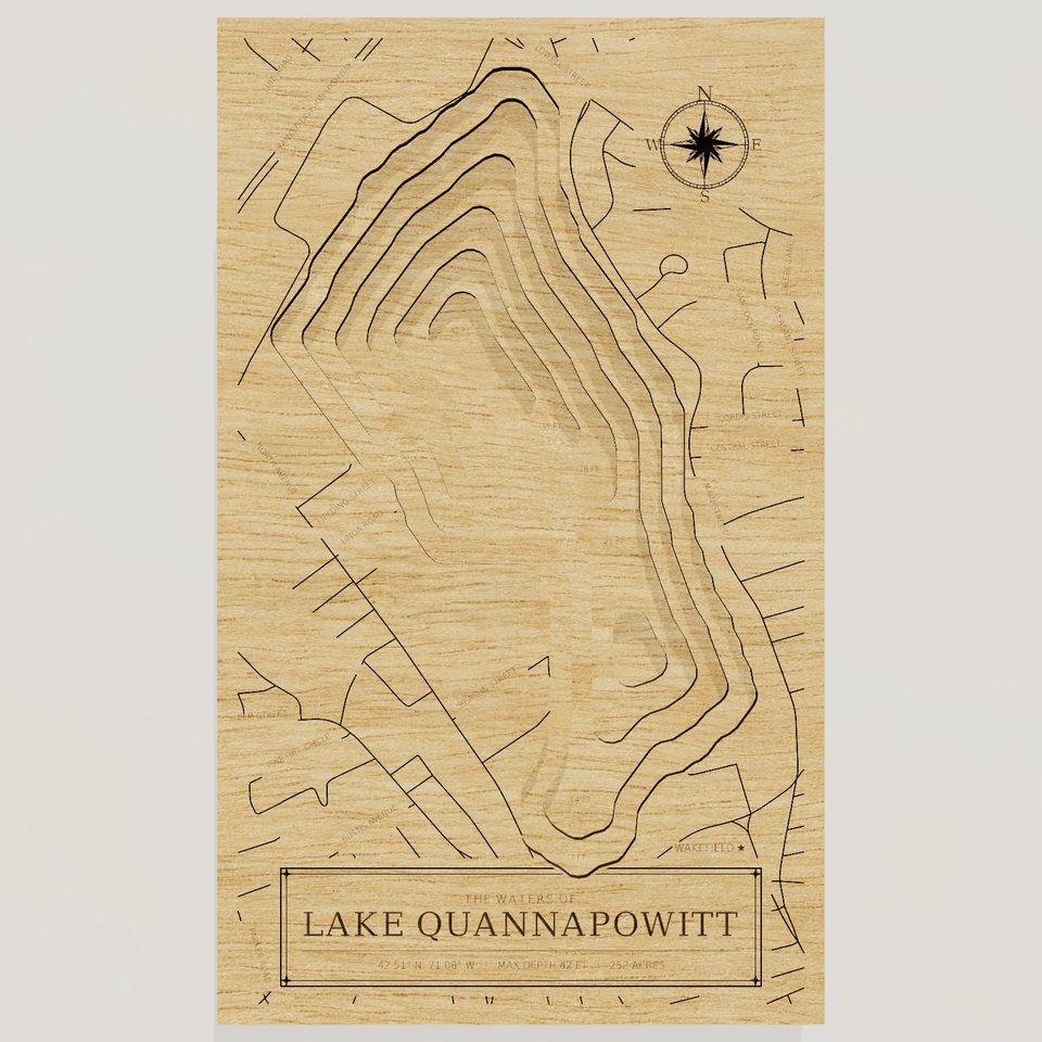 Lake Quannapowitt 3D wood map, front view