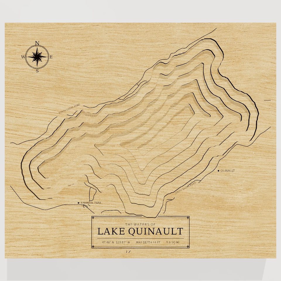 Lake Quinault 3D wood map, front view