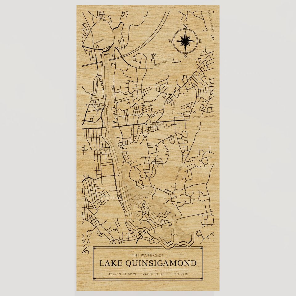 Lake Quinsigamond 3D wood map, front view