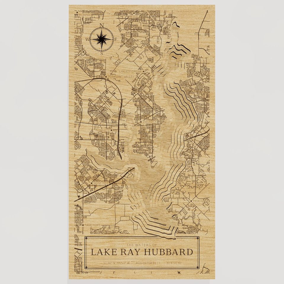 Lake Ray Hubbard 3D wood map, front view