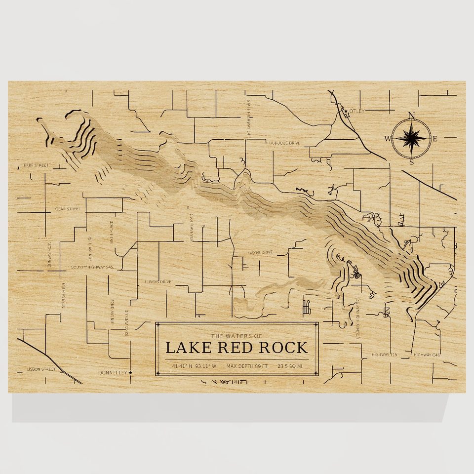 Lake Red Rock 3D wood map, front view