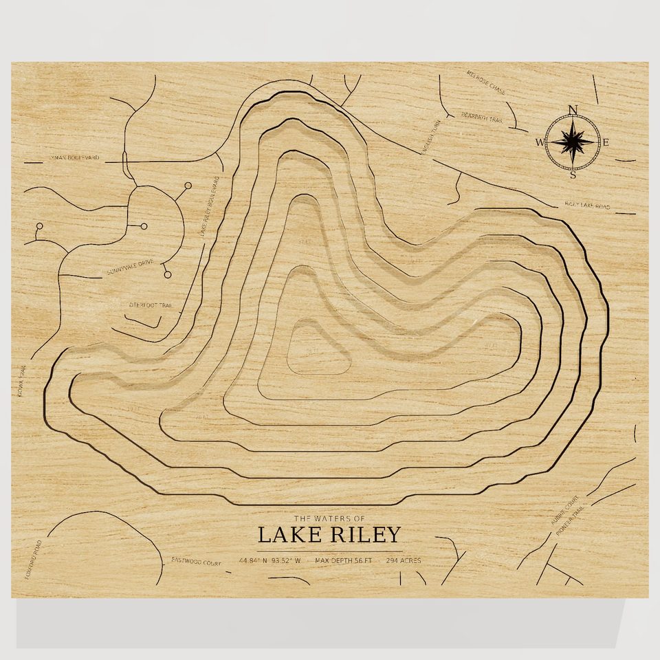 Lake Riley 3D wood map, front view