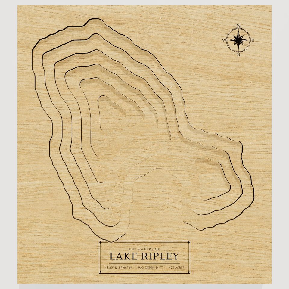 Lake Ripley 3D wood map, front view