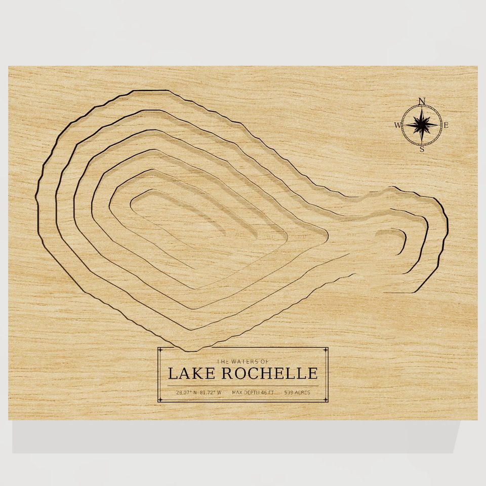 Lake Rochelle 3D wood map, front view