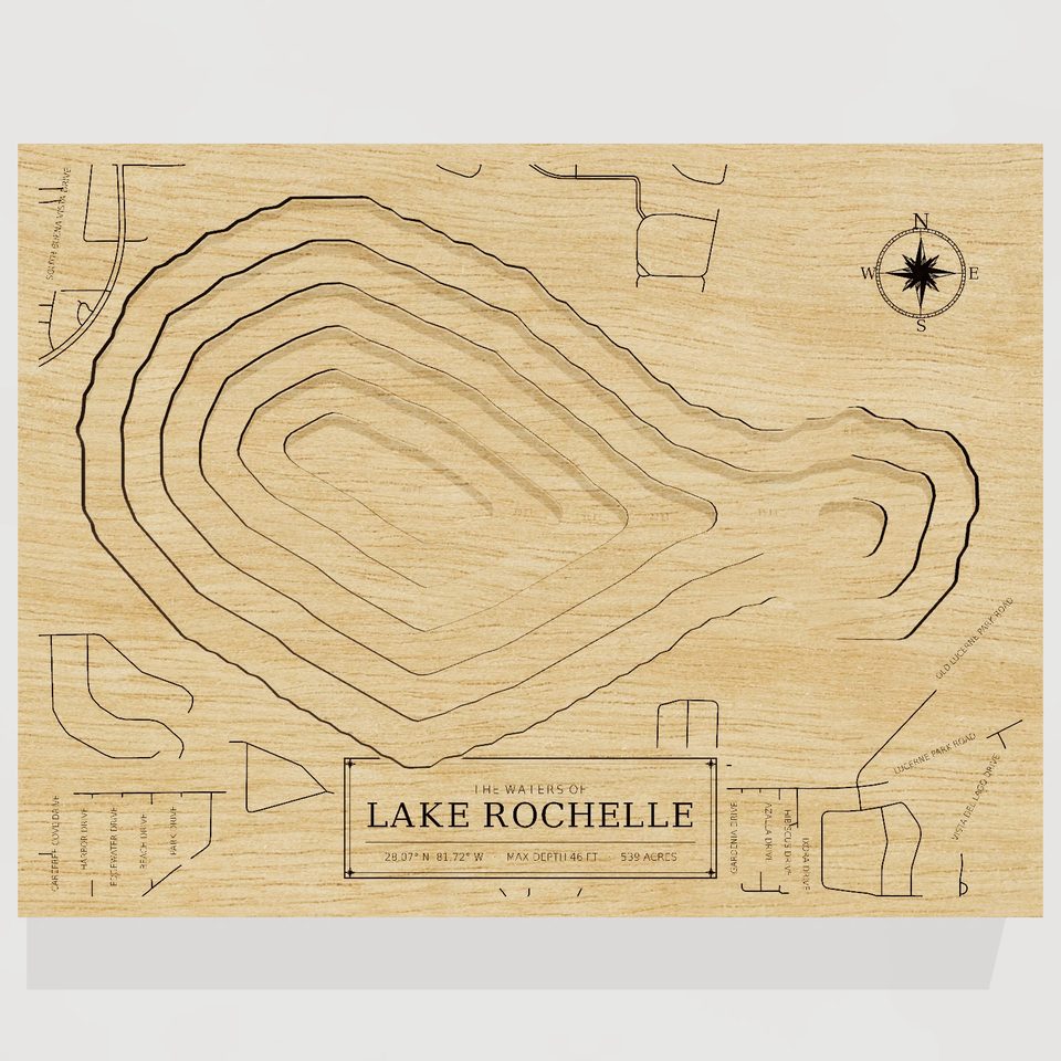 Lake Rochelle 3D wood map, front view