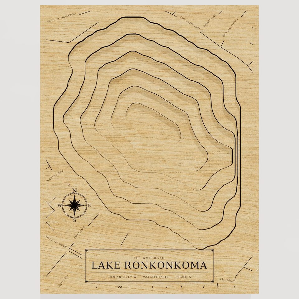 Lake Ronkonkoma 3D wood map, front view