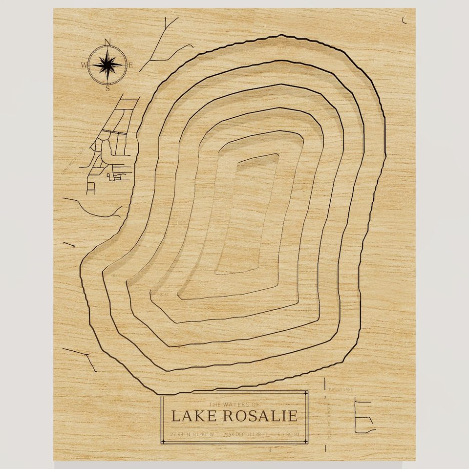 Lake Rosalie 3D wood map, front view