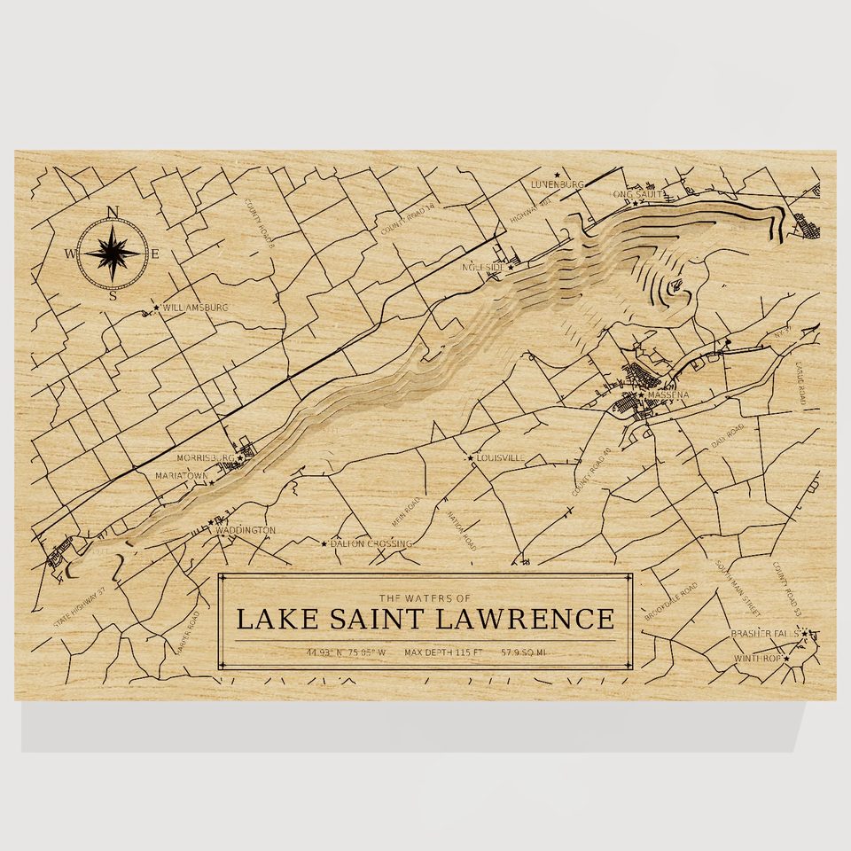 Lake Saint Lawrence 3D wood map, front view