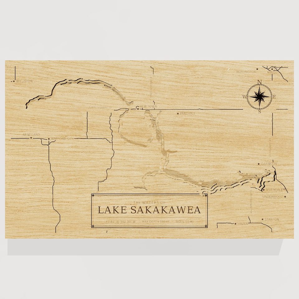 Lake Sakakawea 3D wood map, front view