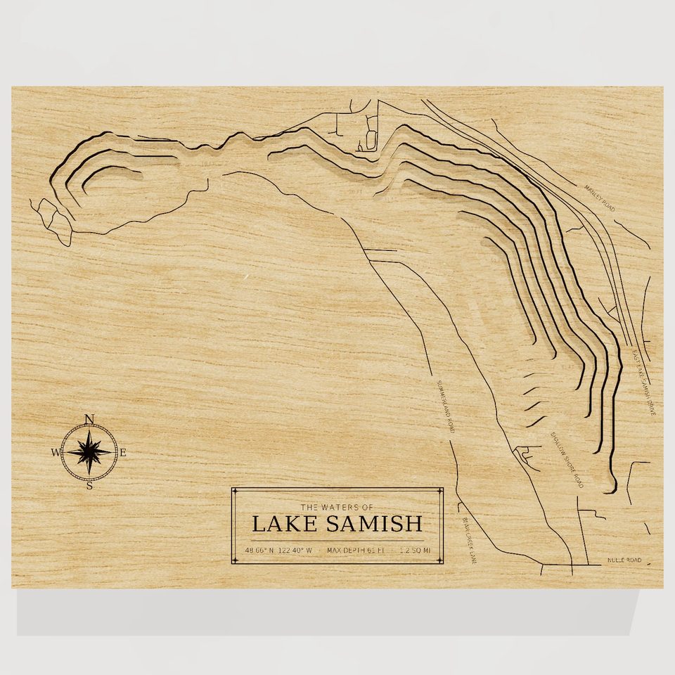 Lake Samish 3D wood map, front view