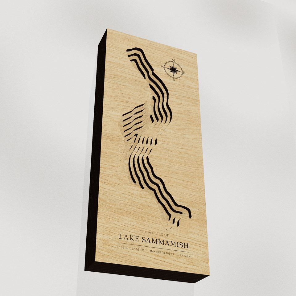 Lake Sammamish 3D wood map, angle low view
