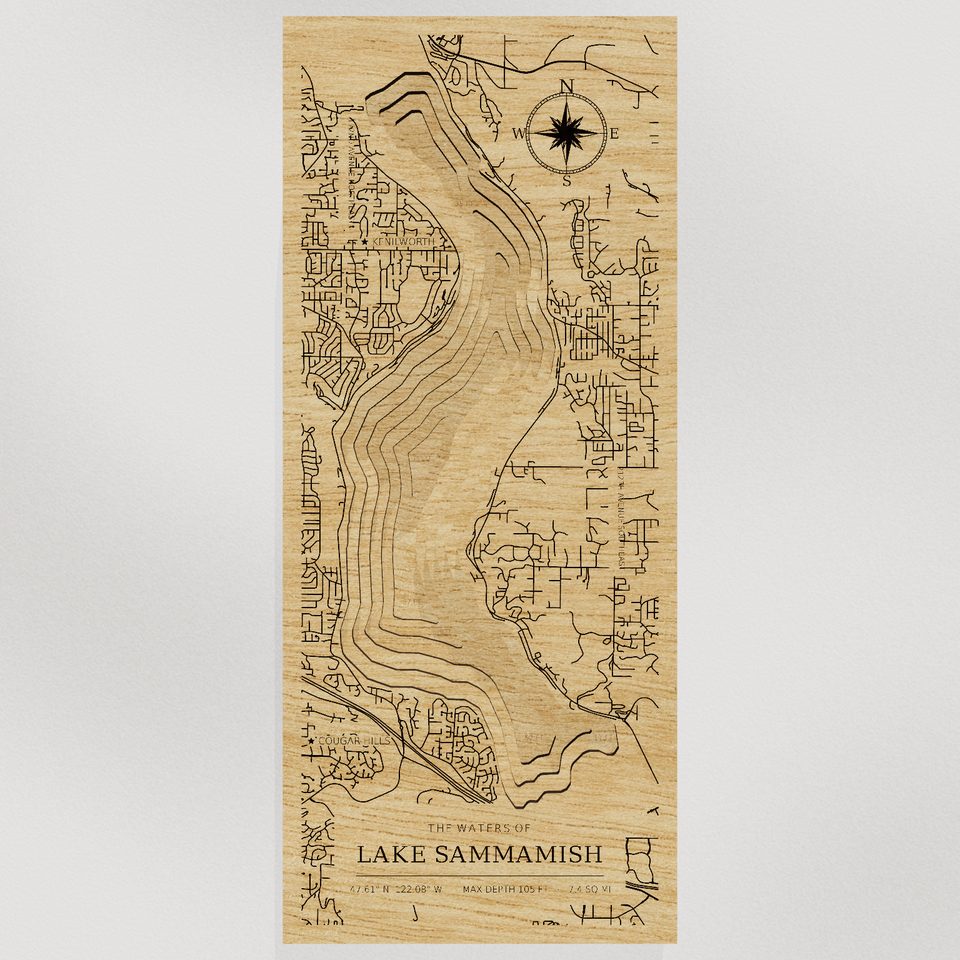 Lake Sammamish 3D wood map, front view