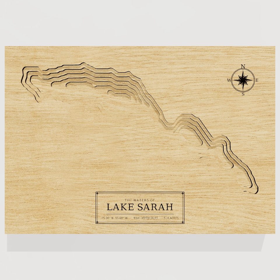 Lake Sarah 3D wood map, front view