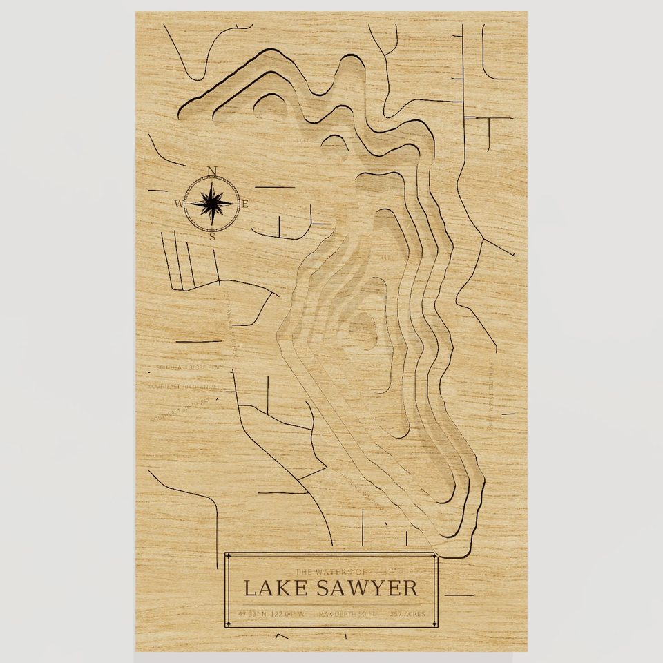 Lake Sawyer 3D wood map, front view
