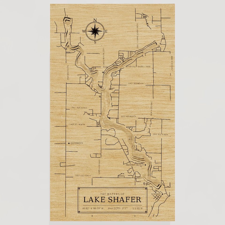 Lake Shafer 3D wood map, front view