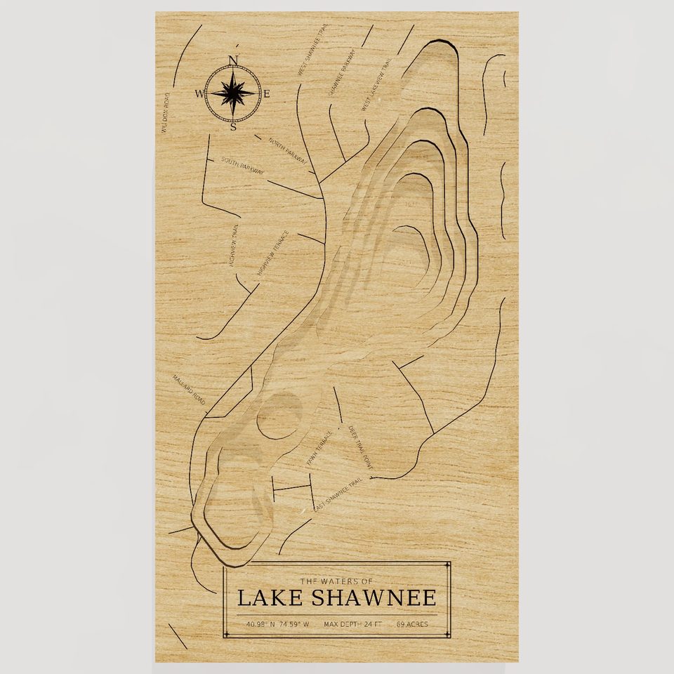 Lake Shawnee 3D wood map, front view