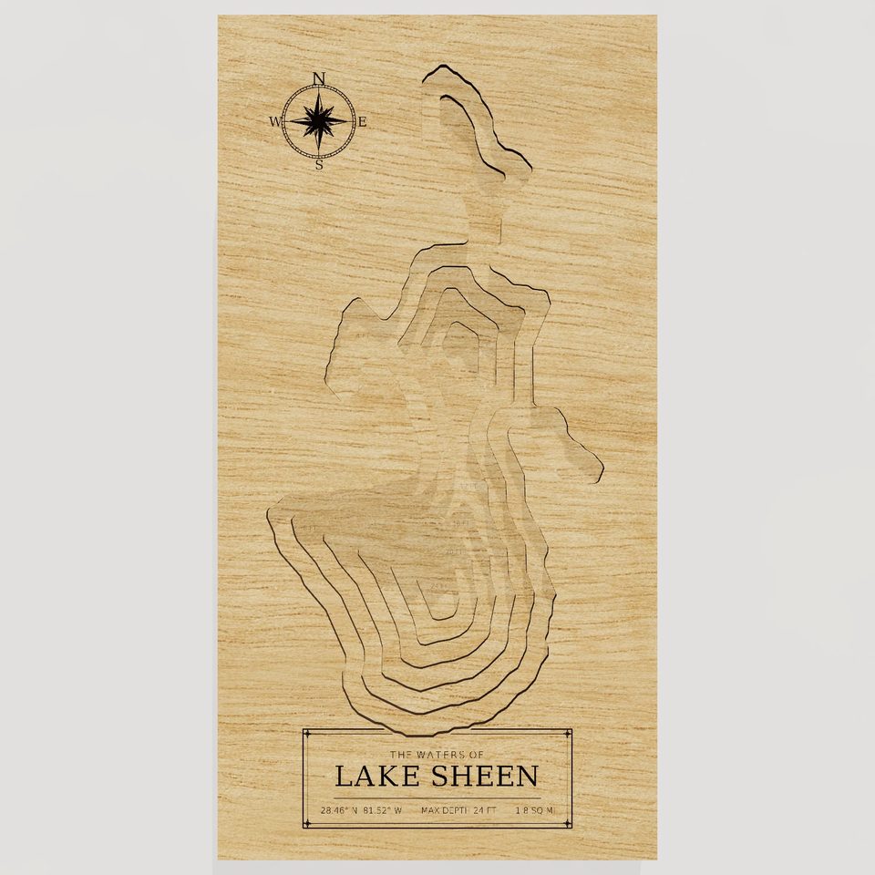Lake Sheen 3D wood map, front view