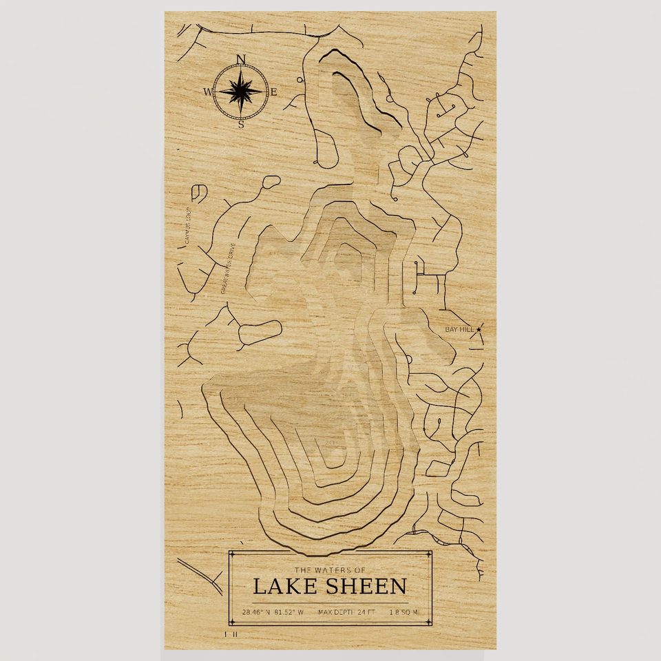 Lake Sheen 3D wood map, front view