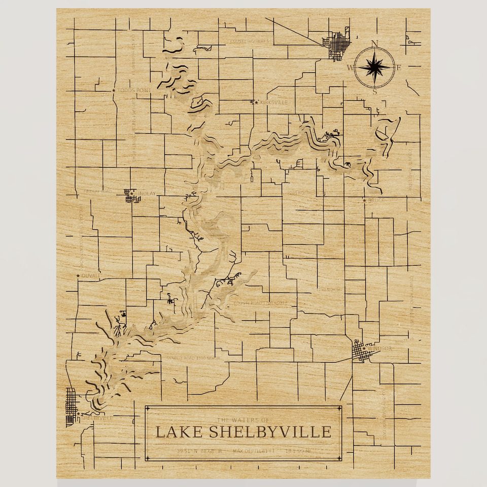 Lake Shelbyville 3D wood map, front view