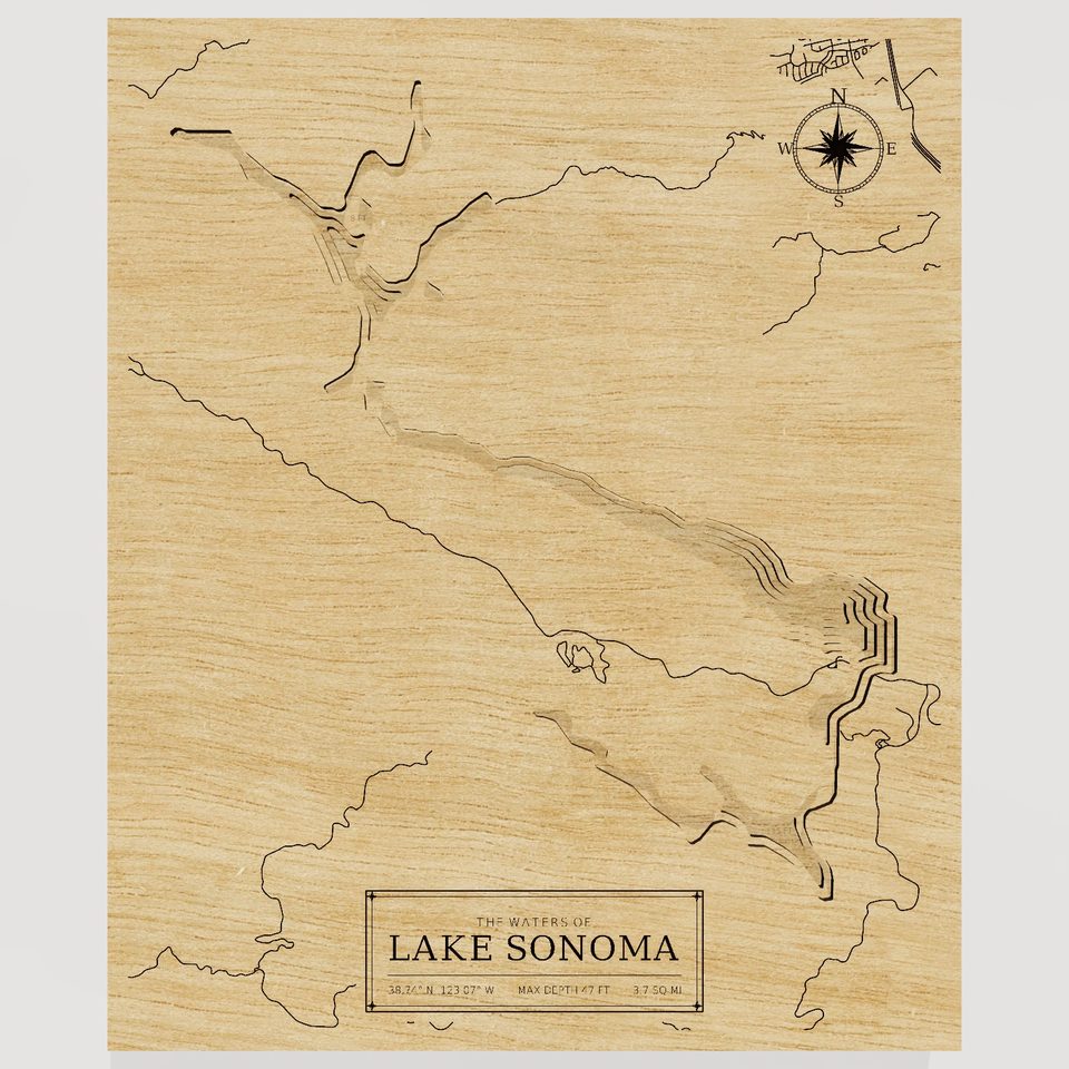 Lake Sonoma 3D wood map, front view