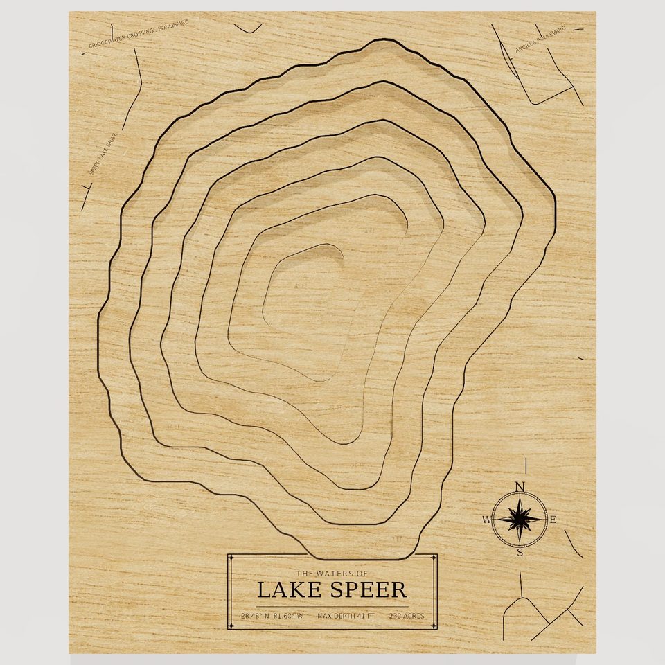 Lake Speer 3D wood map, front view