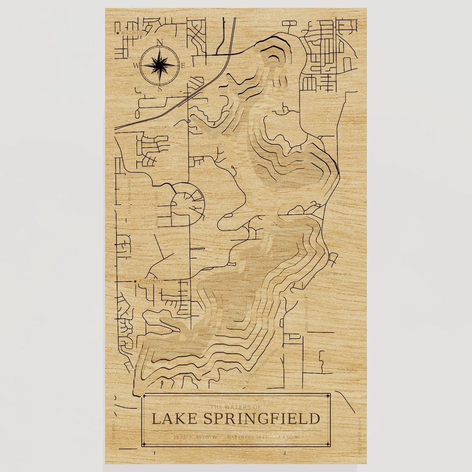 Lake Springfield 3D wood map, front view