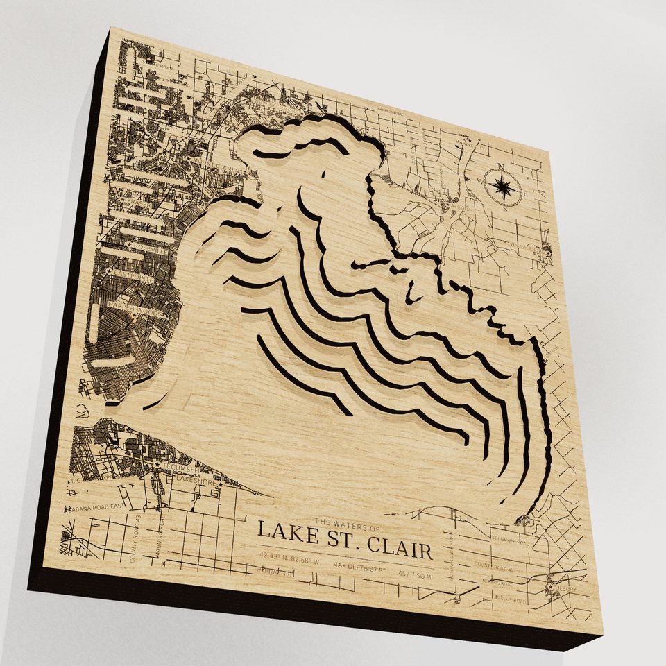 Lake St. Clair 3D wood map, angle low view