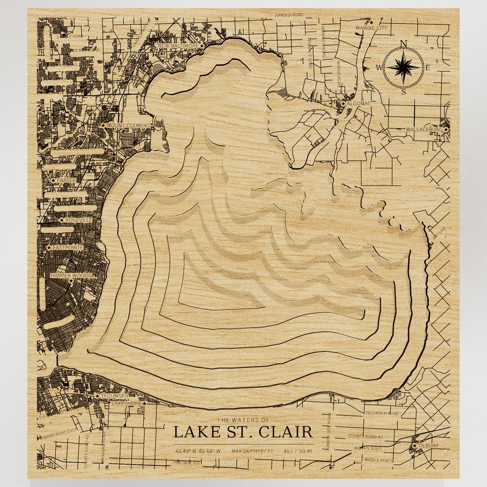 Lake St. Clair 3D wood map, front view