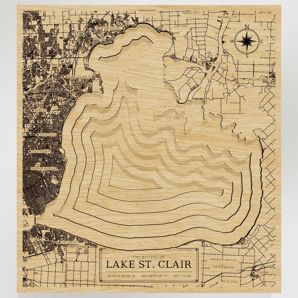 Lake St. Clair 3D wood map, front view