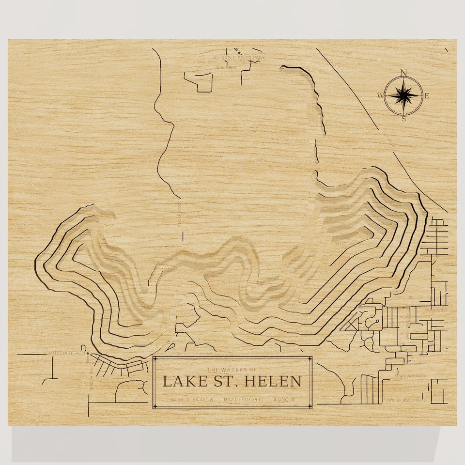 Lake St. Helen 3D wood map, front view